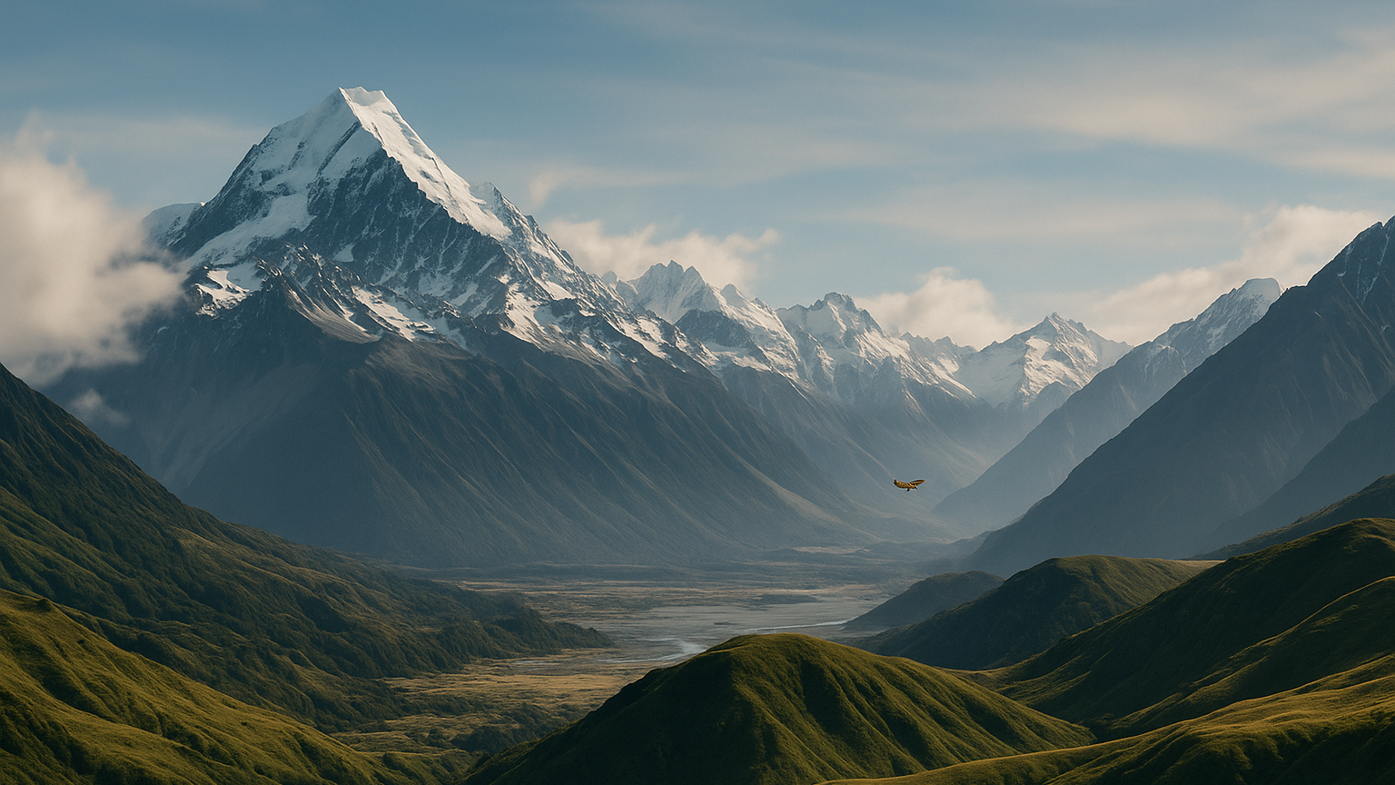generate a new zealand mountainous scene with the words simplicity sells in small writing in the bottom left, a 16:9 ratio that will fit in a desktop website. add a small yellow Ga8 airvan somewhere in the photo that is barely distinguishable